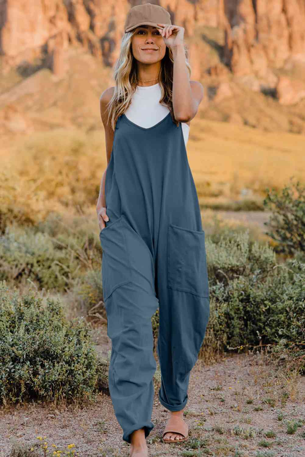 Buy Full Size V-Neck Sleeveless Jumpsuit with Pockets by Double Take