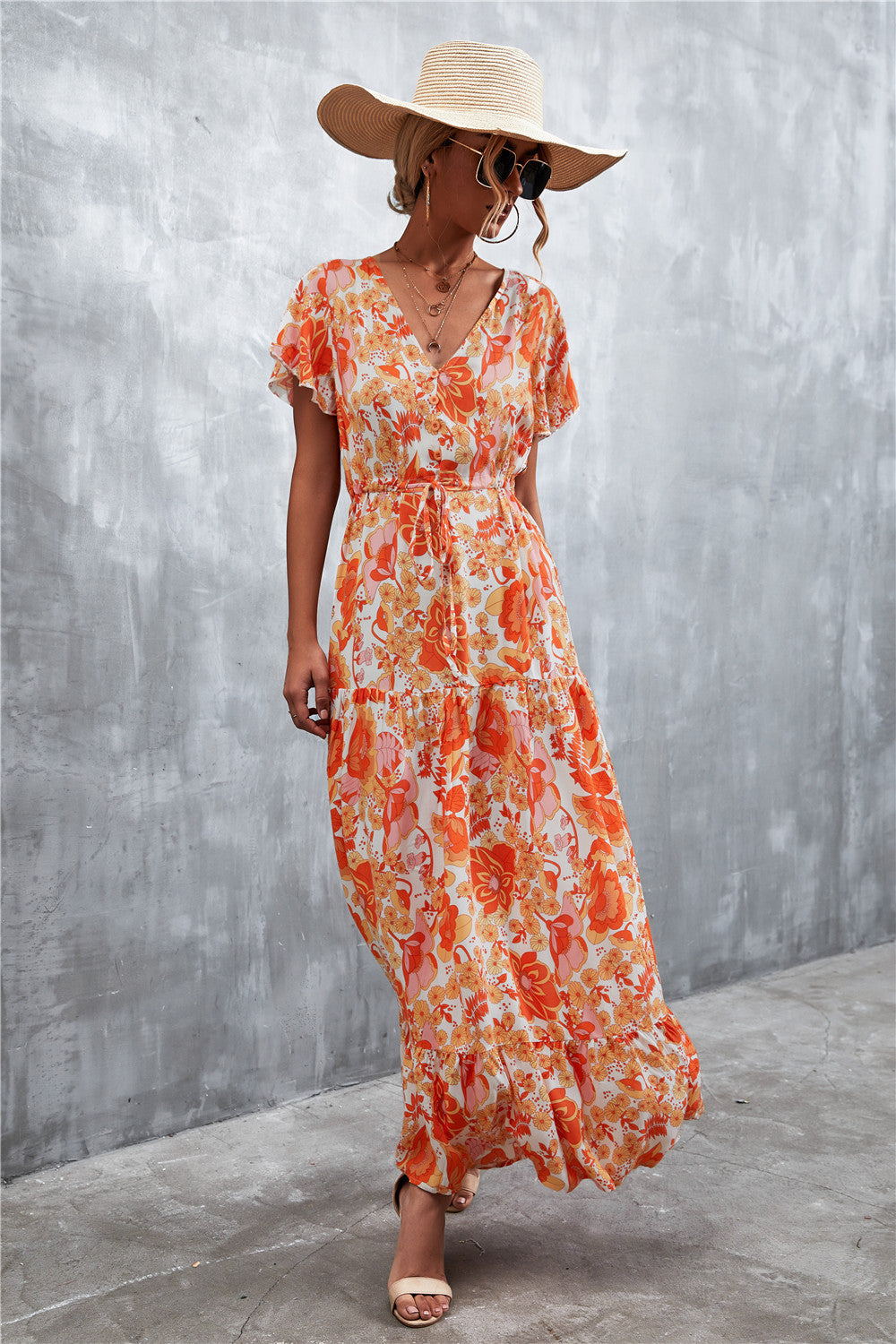 Buy Floral Buttoned Drawstring Waist Tiered Dress by Faz