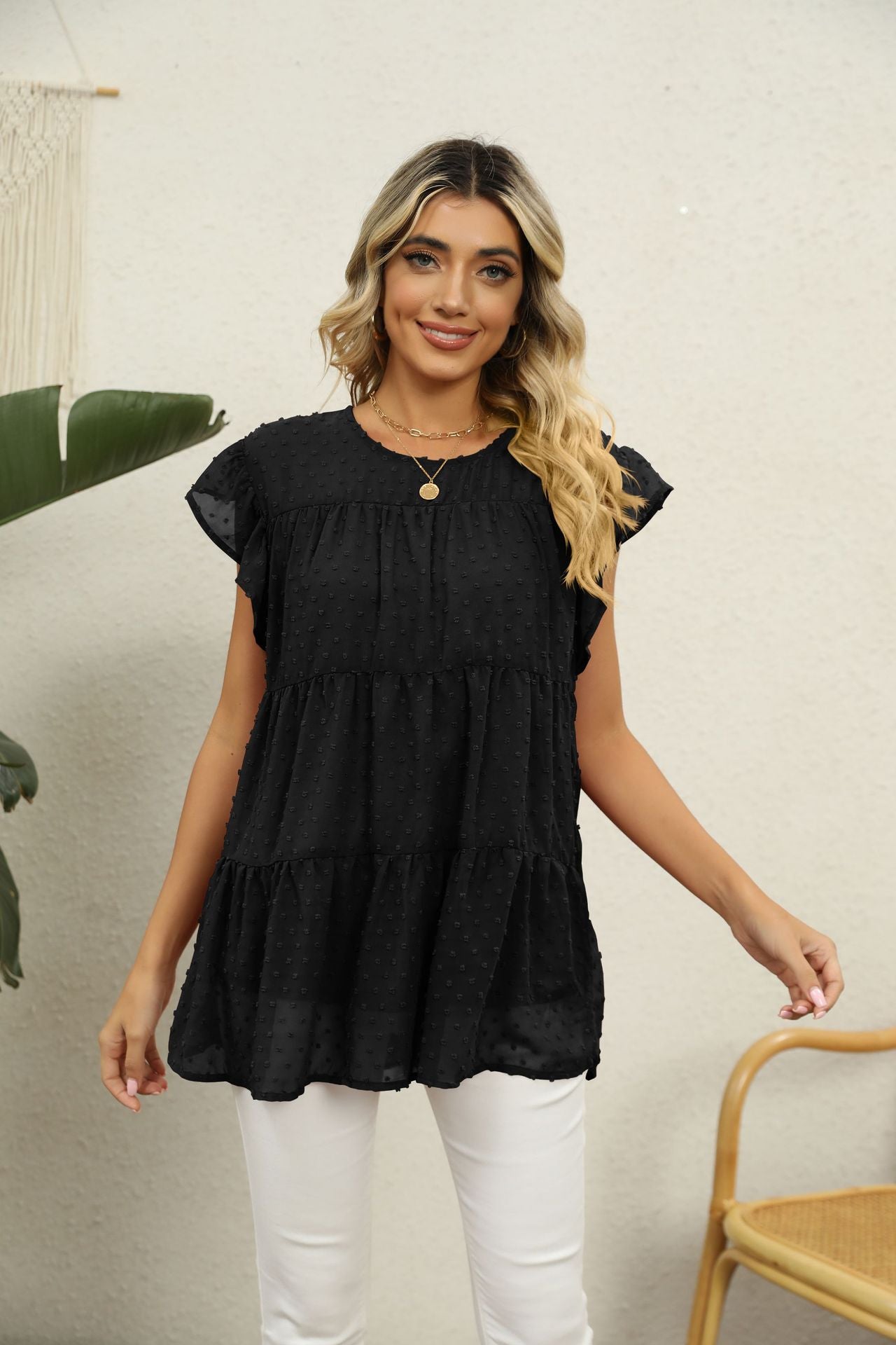 Buy Swiss Dot Round Neck Tiered Blouse by Faz