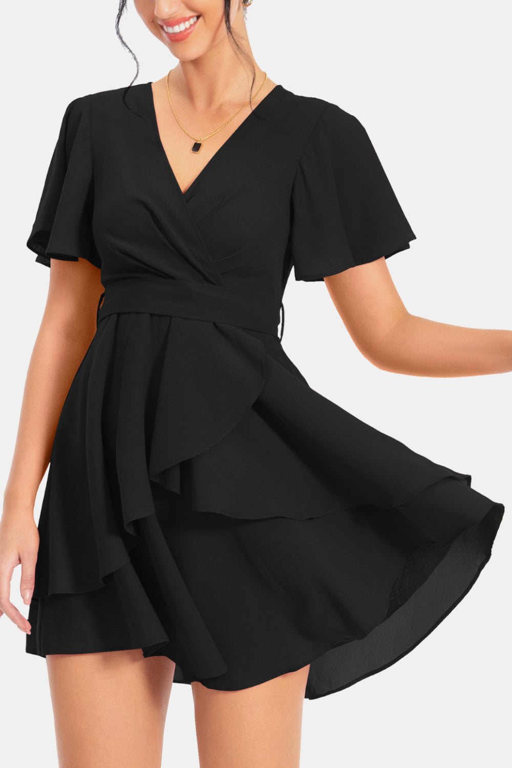 Buy Surplice Neck Flutter Sleeve Dress by A&D