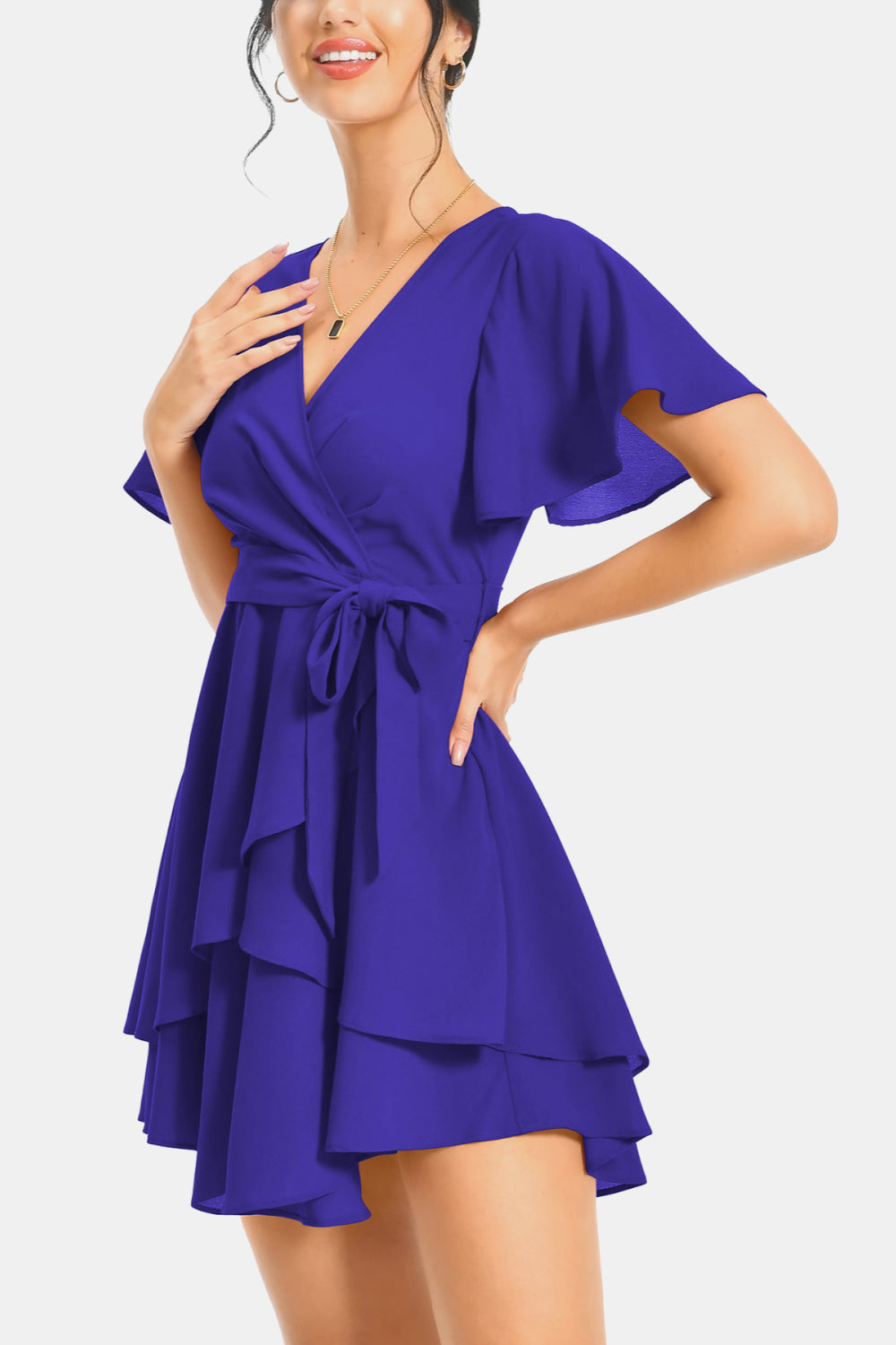 Buy Surplice Neck Flutter Sleeve Dress by A&D