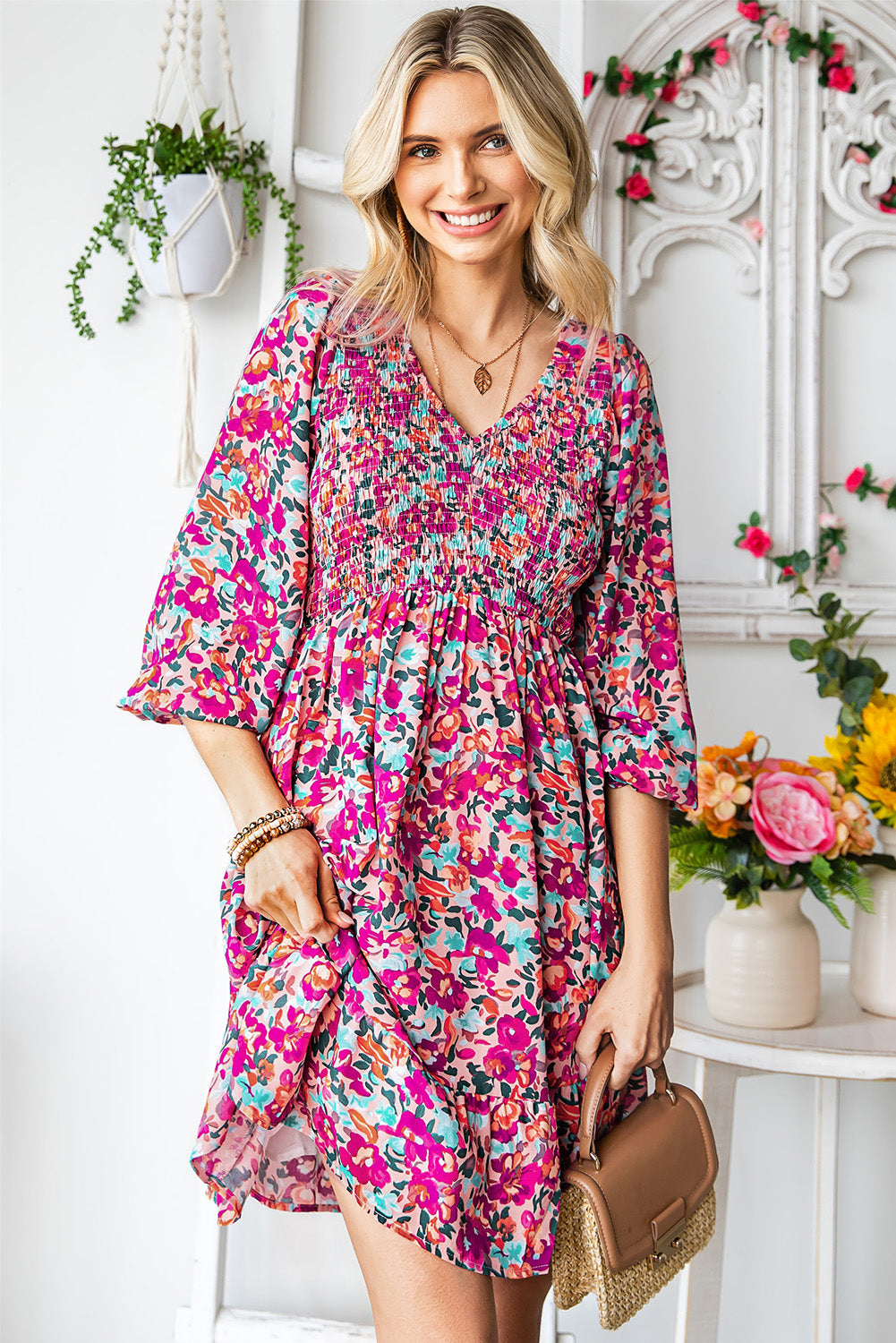 Buy Floral Smocked V-Neck Flounce Sleeve Dress by Faz