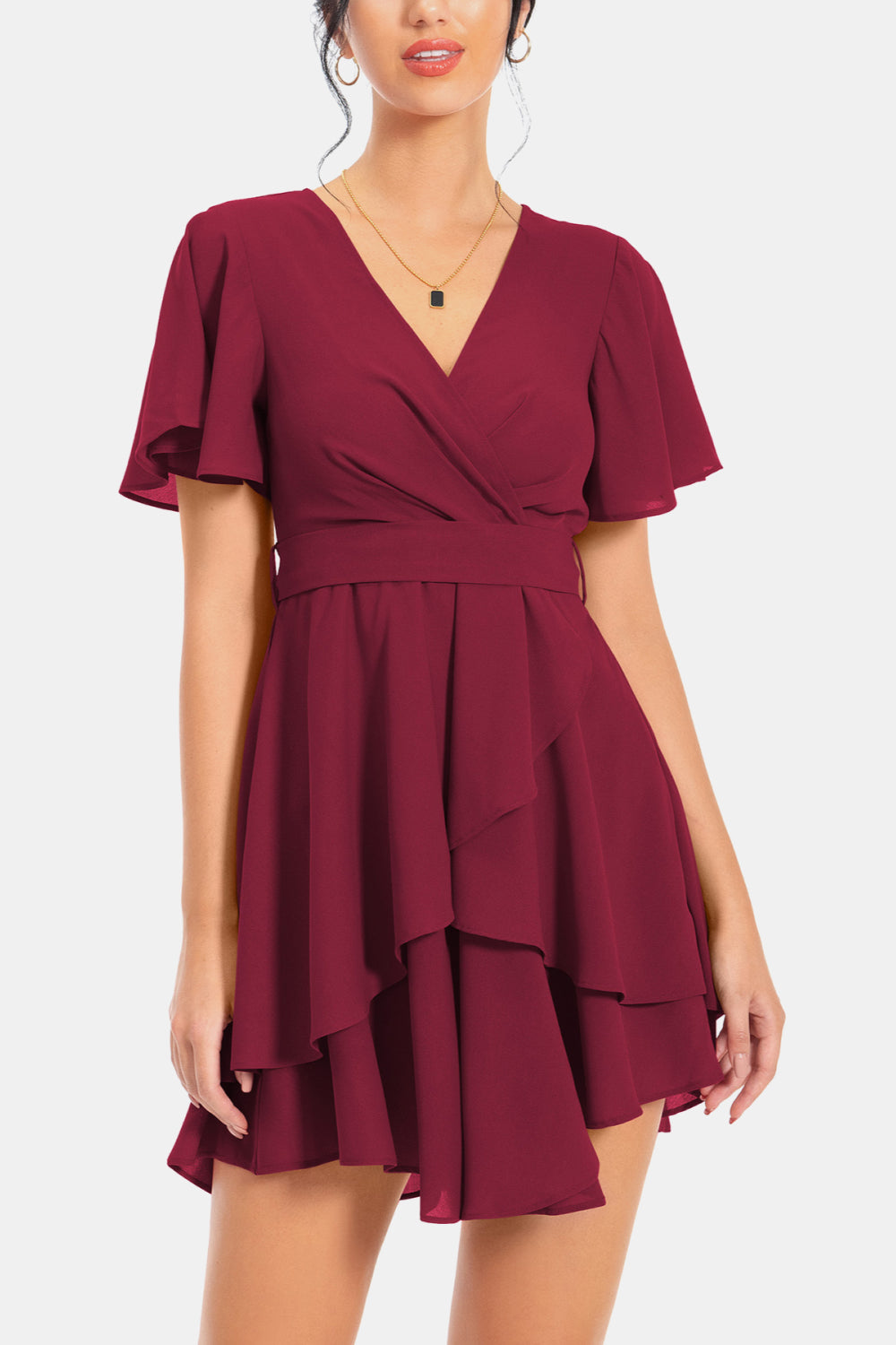 Buy Surplice Neck Flutter Sleeve Dress by A&D