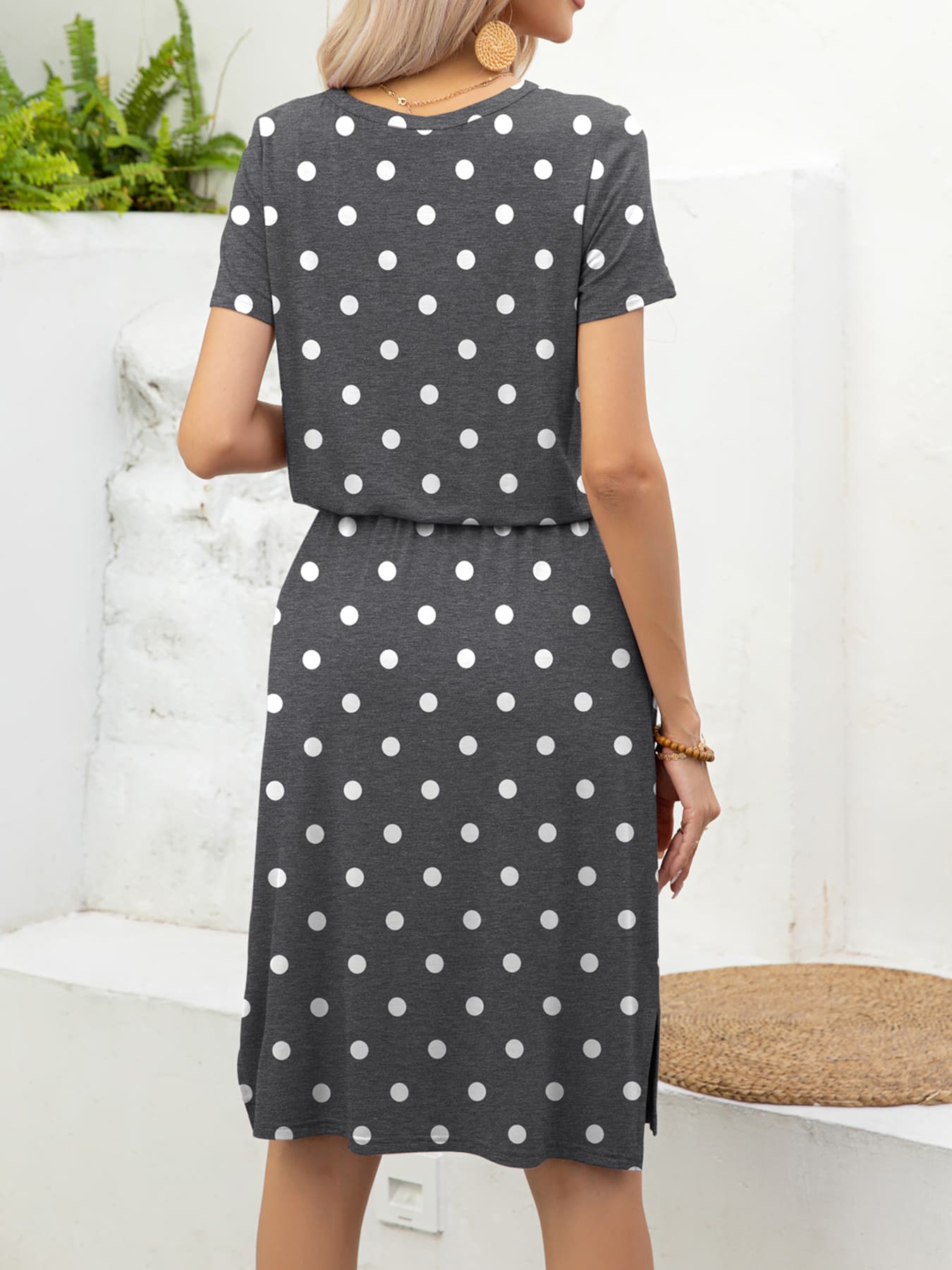 Buy Round Neck Short Sleeve Slit Dress with Pockets by Putica