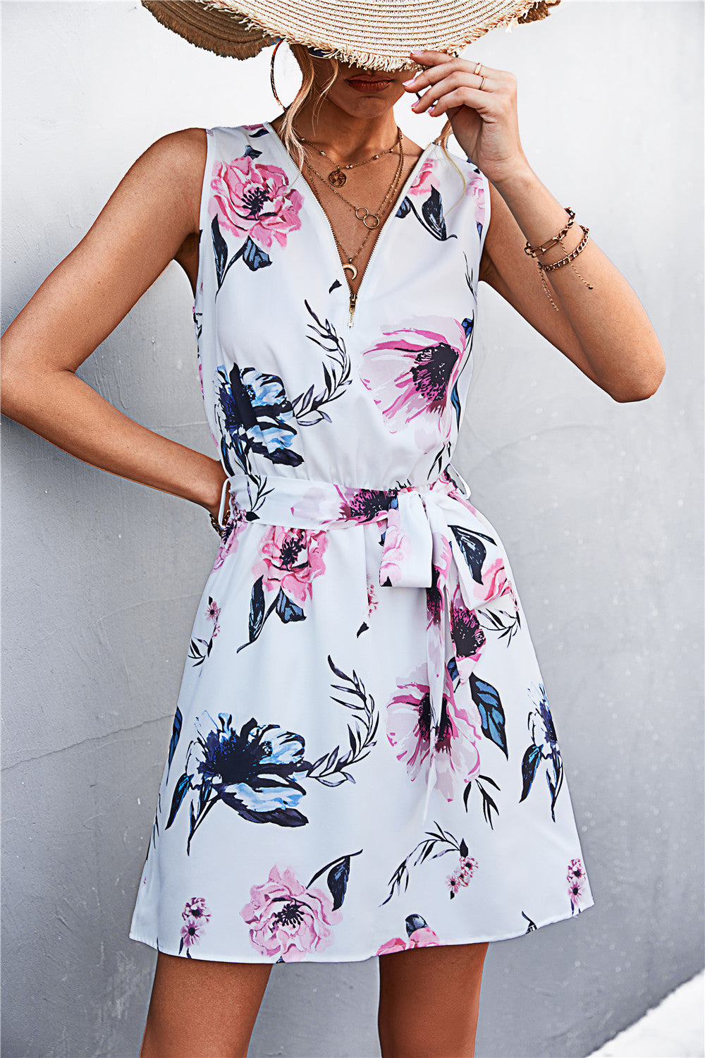 Buy Printed Zip Detail Belted Sleeveless Dress by YO