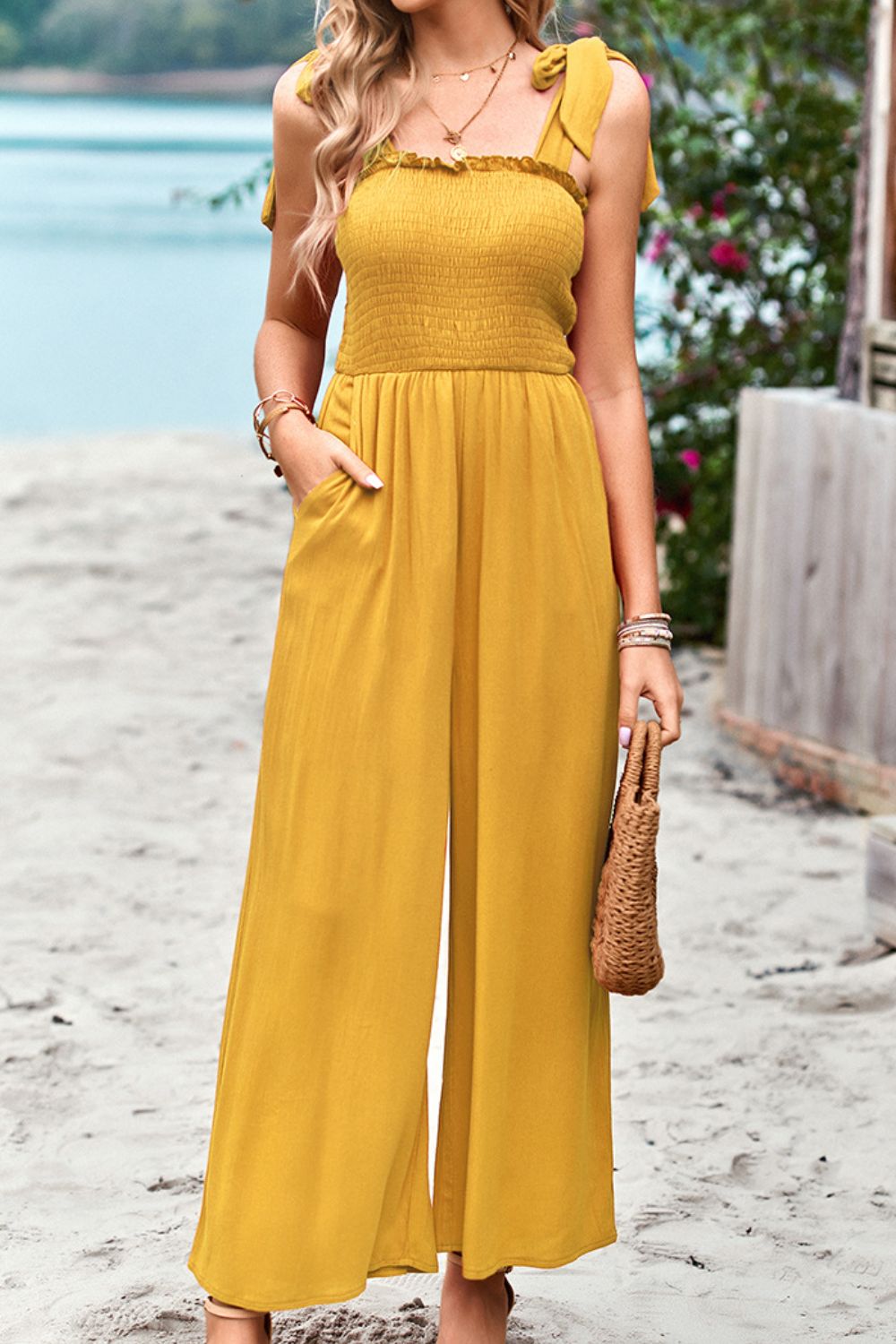 Buy Frill Trim Tie Shoulder Wide Leg Jumpsuit with Pockets by Faz