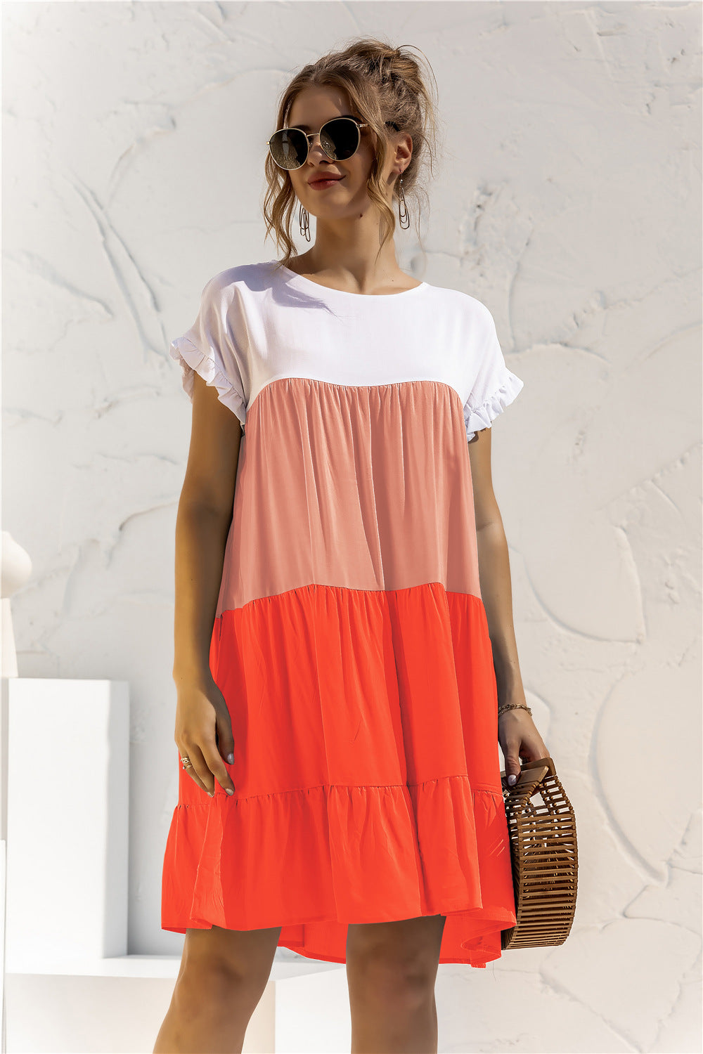 Buy Color Block Round Neck Ruffle Hem Dress by YO