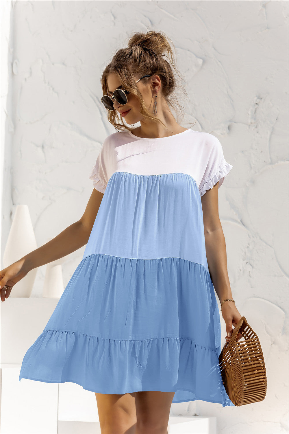 Buy Color Block Round Neck Ruffle Hem Dress by YO