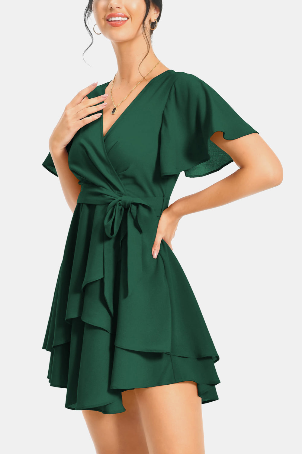 Buy Surplice Neck Flutter Sleeve Dress by A&D