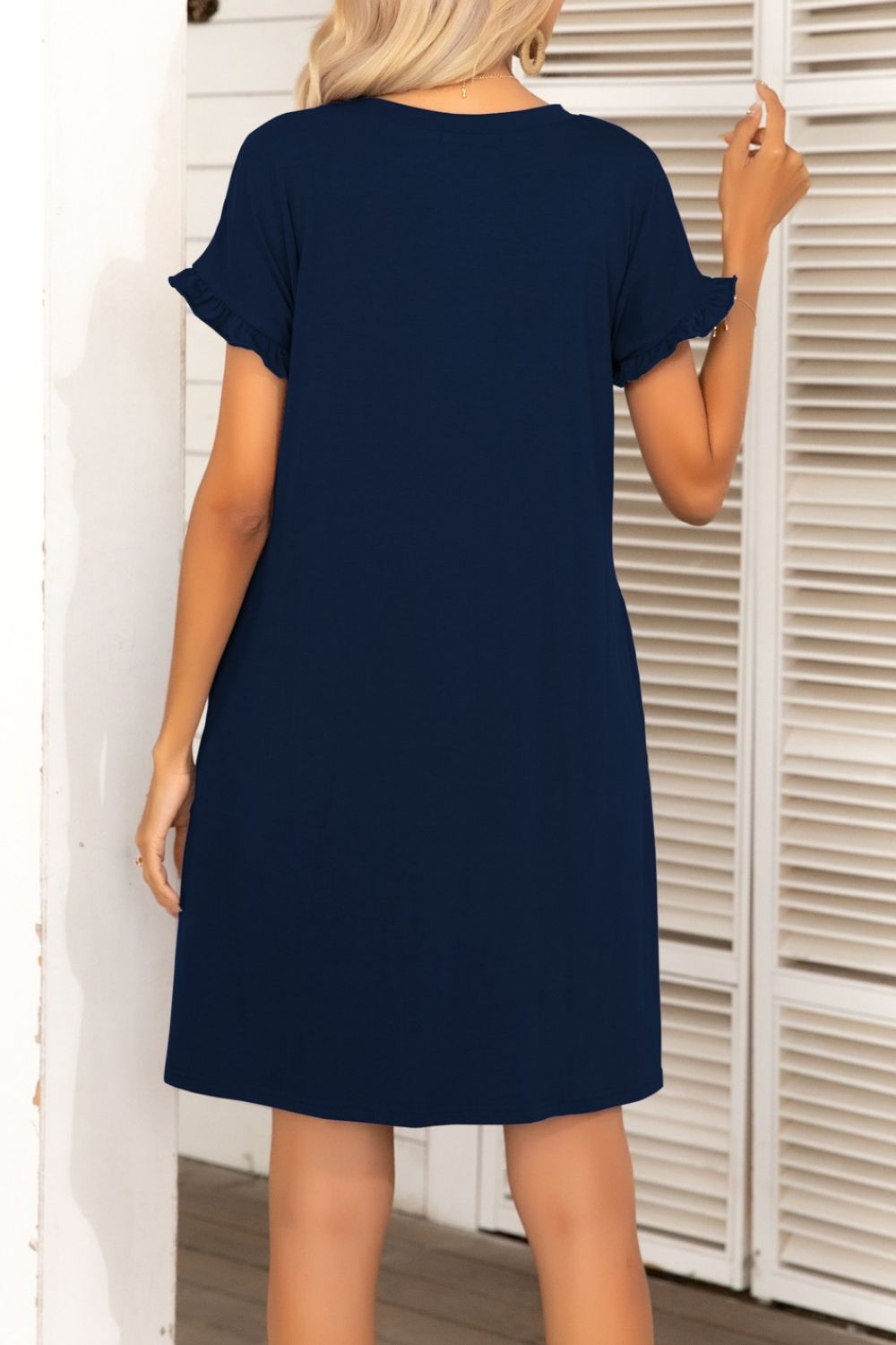 Buy Flounce Sleeve Round Neck Dress with Pockets by Putica
