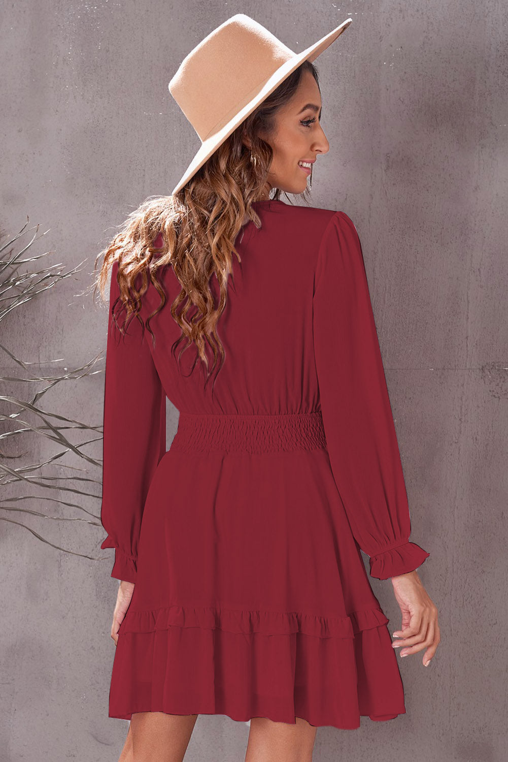 Buy Tied Plunge Smocked Waist Flounce Sleeve Dress by SYNZ