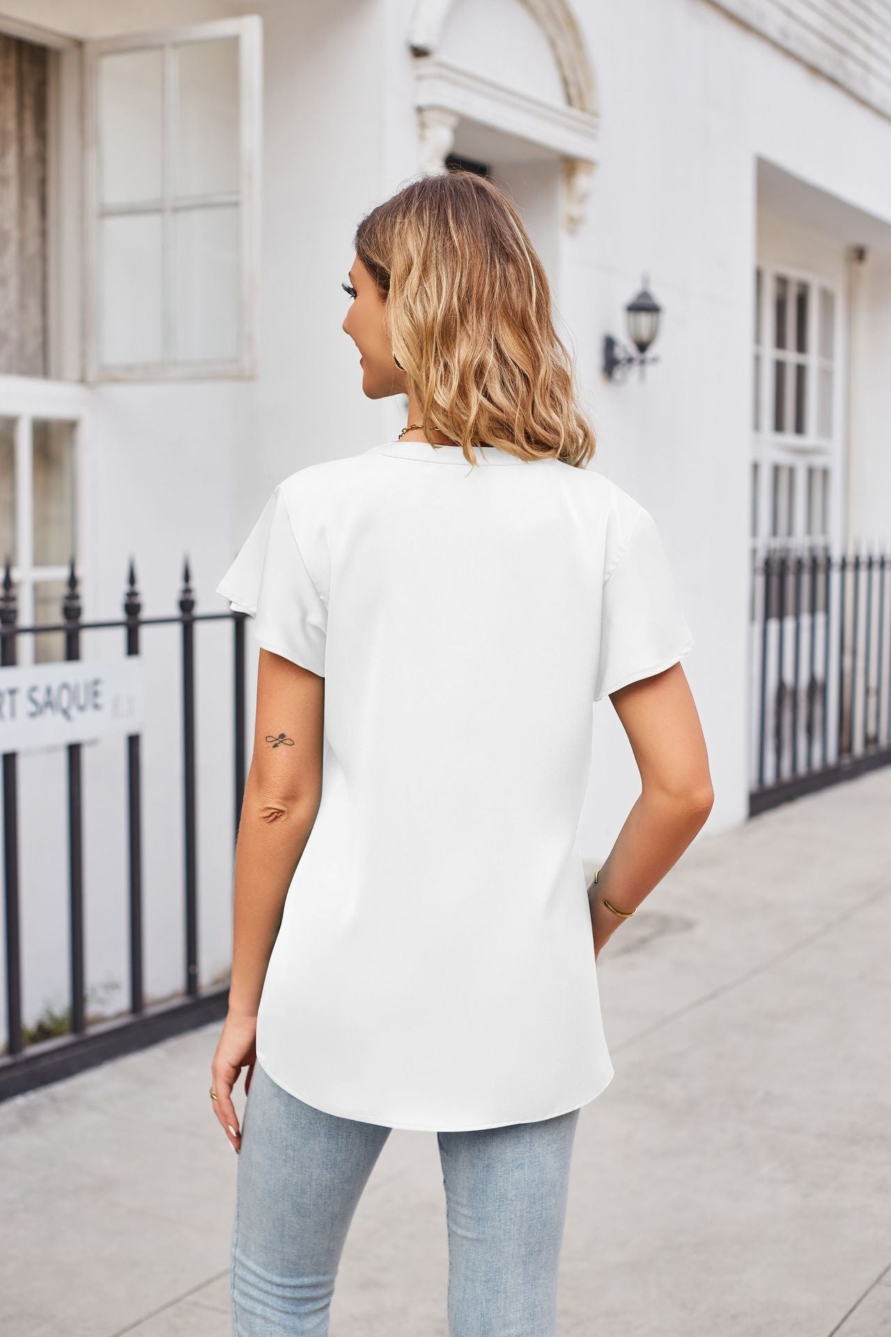 Buy Notched Neck Flutter Sleeve Satin Top by Faz