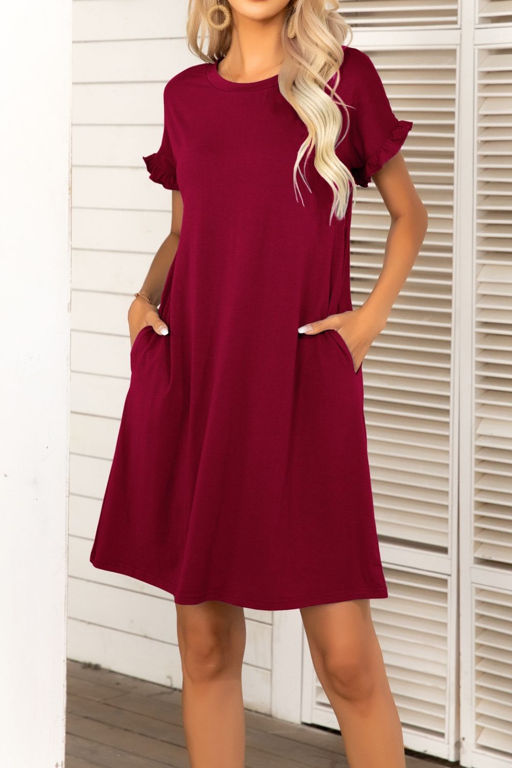 Buy Flounce Sleeve Round Neck Dress with Pockets by Putica