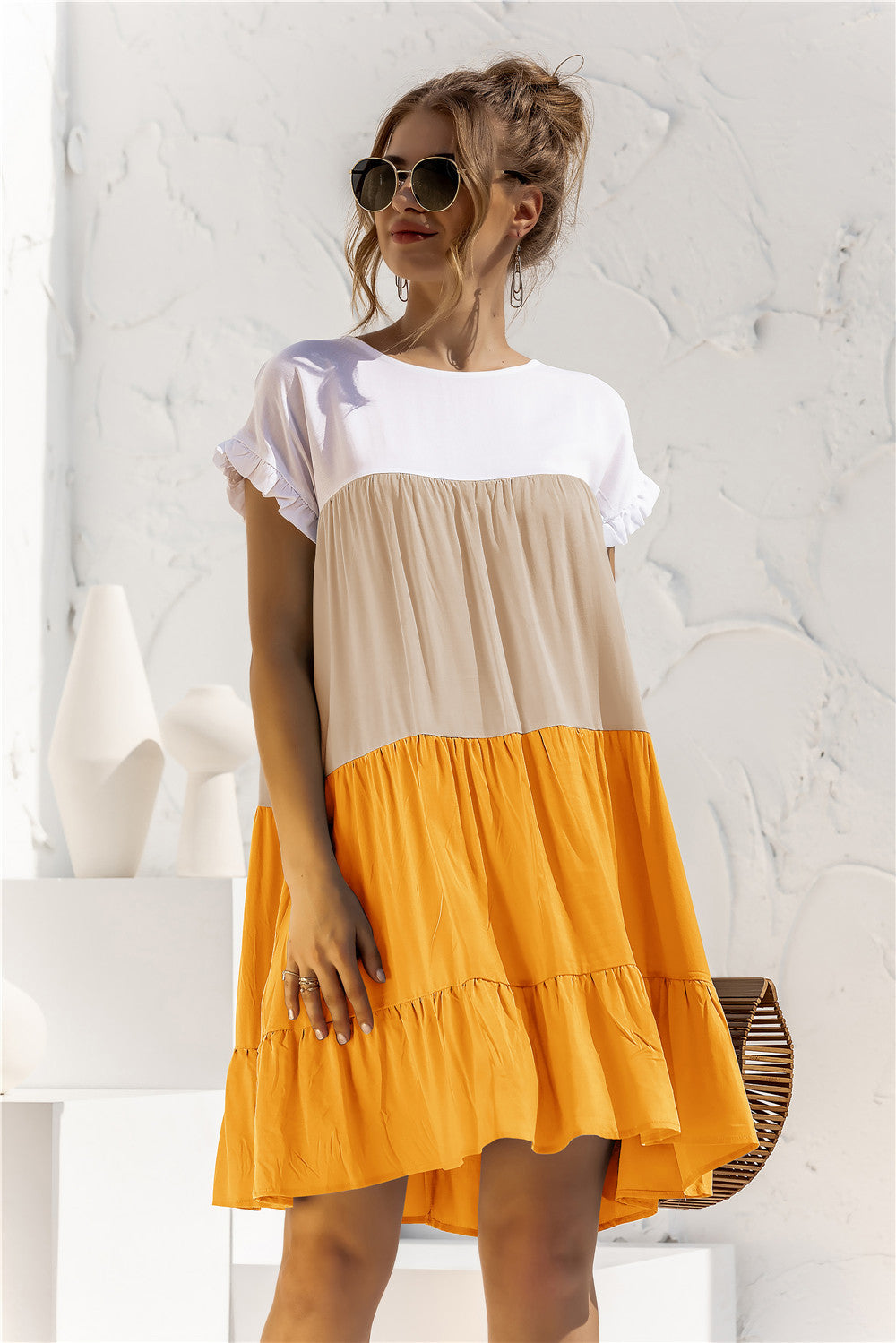 Buy Color Block Round Neck Ruffle Hem Dress by YO