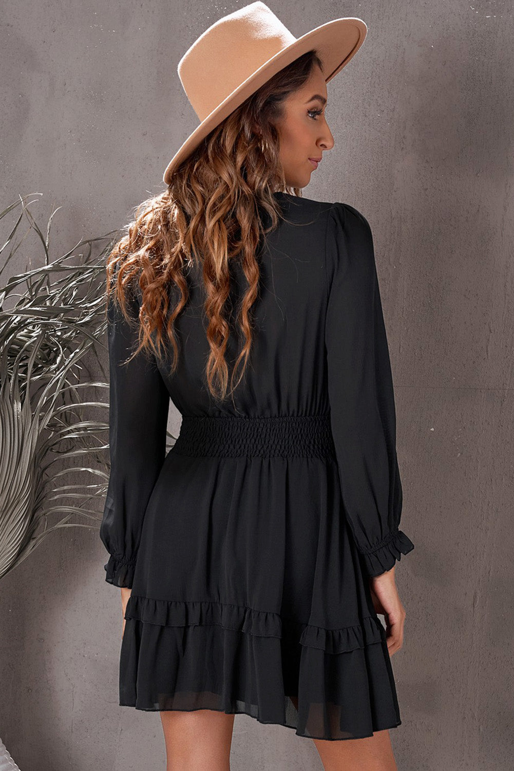 Buy Tied Plunge Smocked Waist Flounce Sleeve Dress by SYNZ