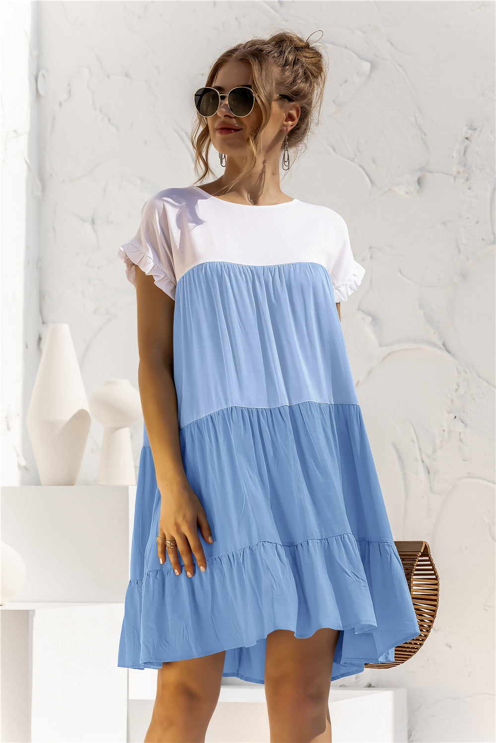 Buy Color Block Round Neck Ruffle Hem Dress by YO