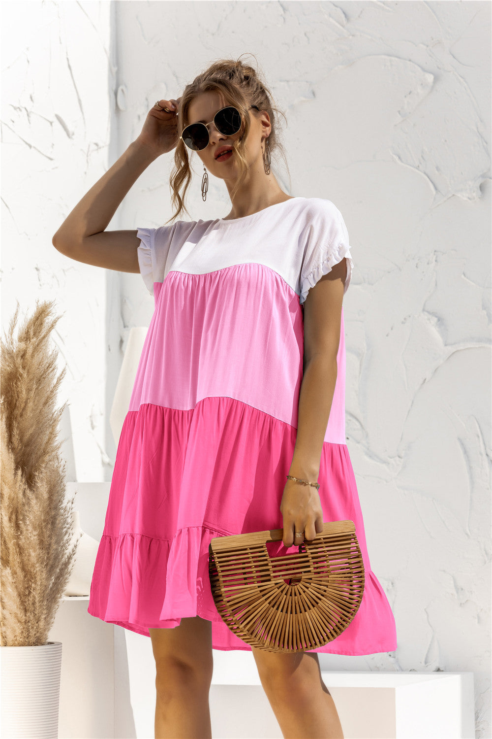 Buy Color Block Round Neck Ruffle Hem Dress by YO