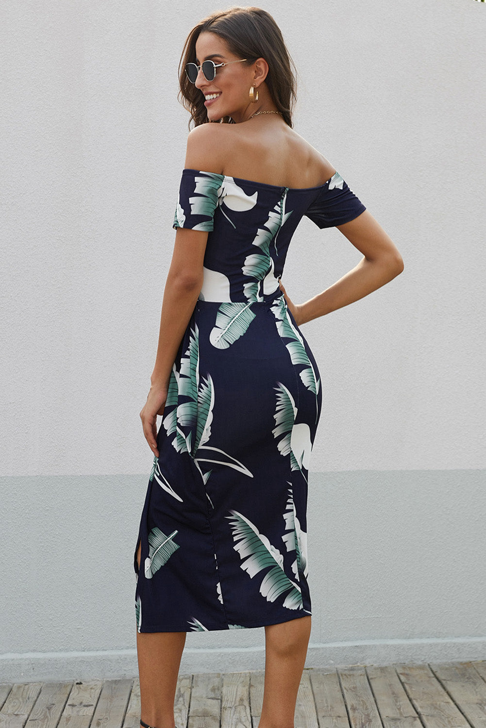Buy Printed Off-Shoulder Split Dress by SYNZ