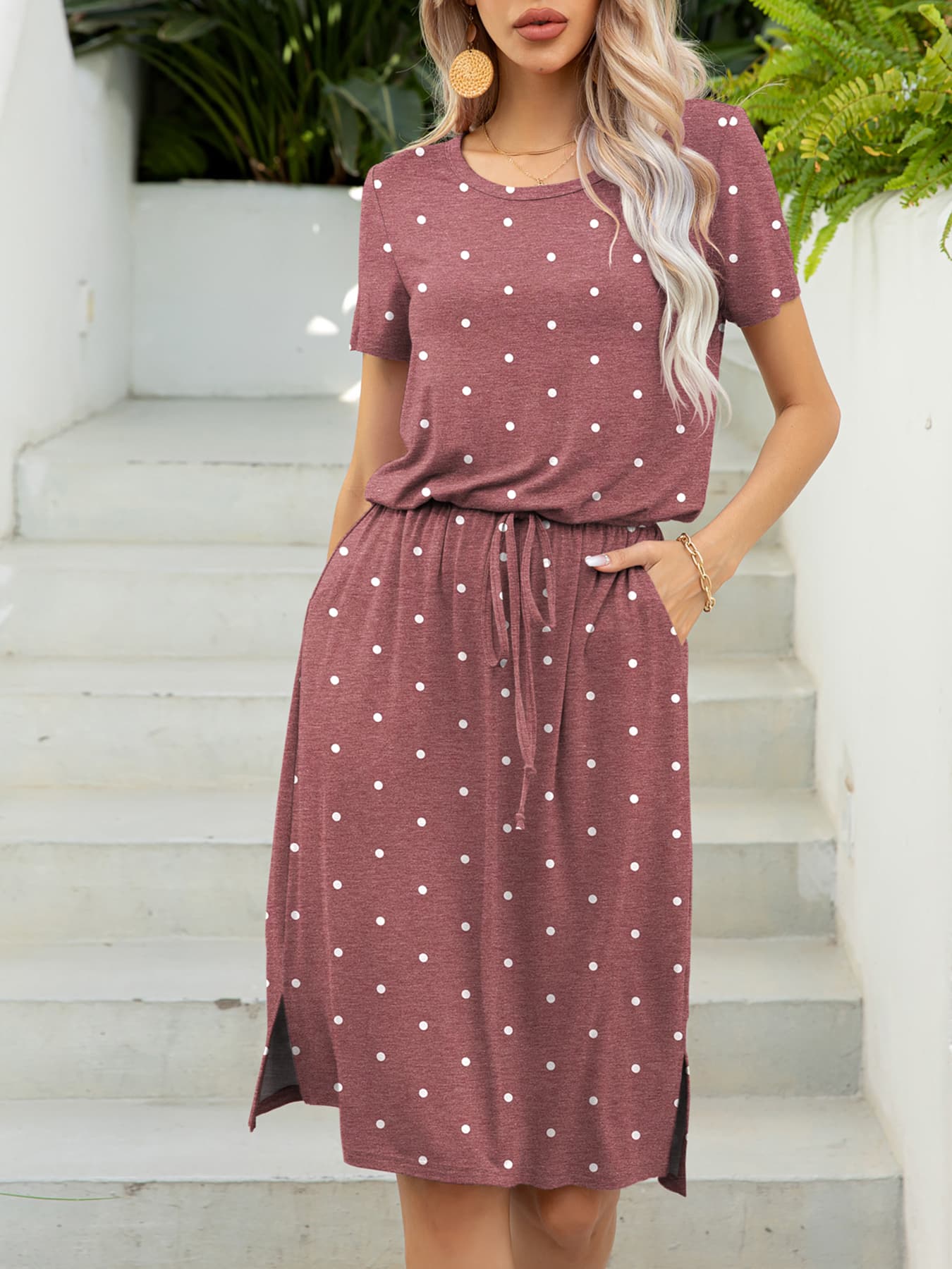 Buy Round Neck Short Sleeve Slit Dress with Pockets by Putica