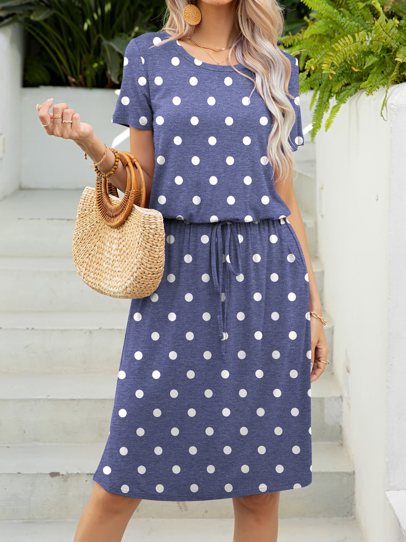 Buy Round Neck Short Sleeve Slit Dress with Pockets by Putica