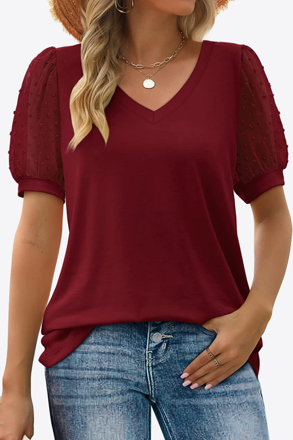 Buy Swiss Dot Puff Sleeve V-Neck Tee by Faz
