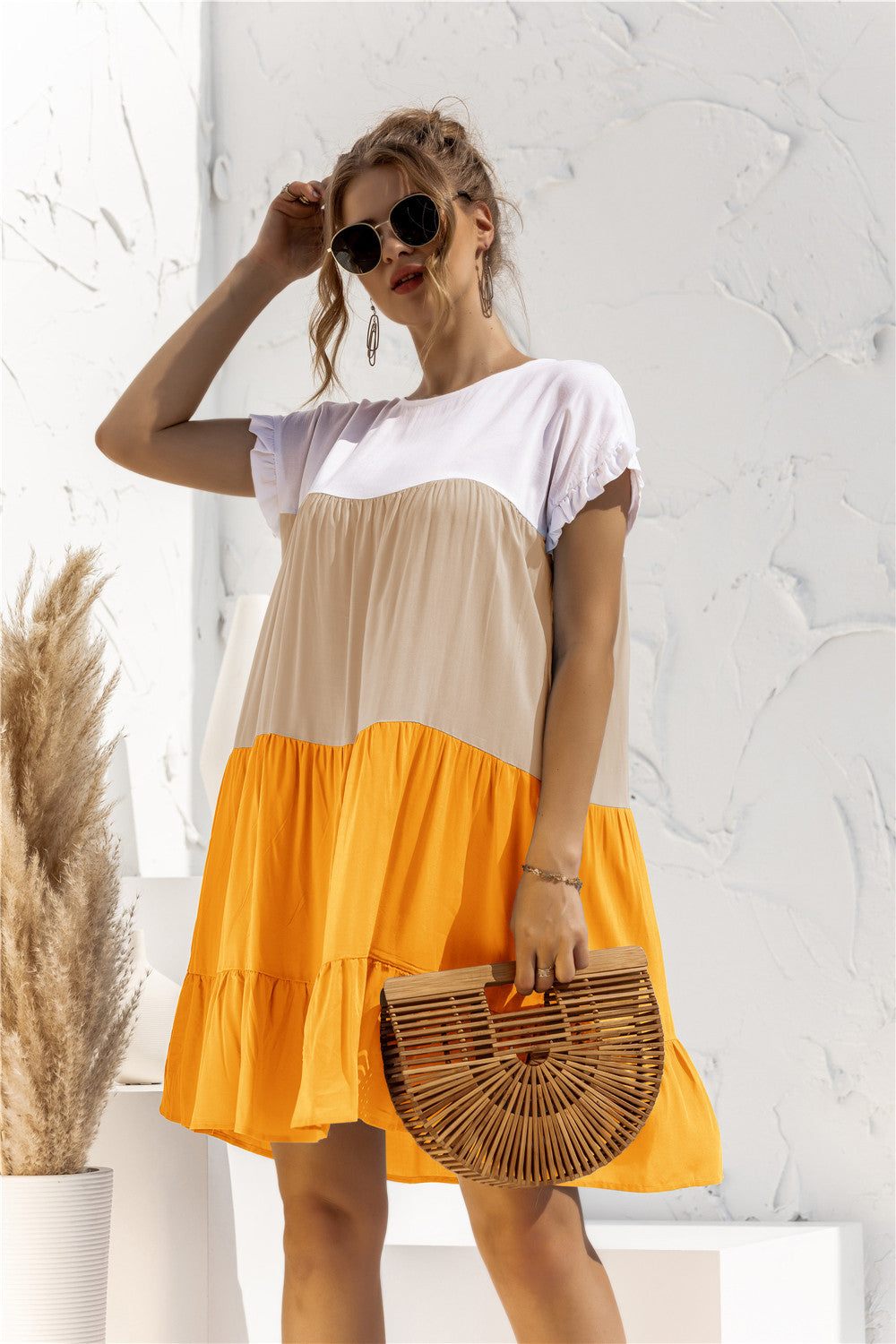 Buy Color Block Round Neck Ruffle Hem Dress by YO