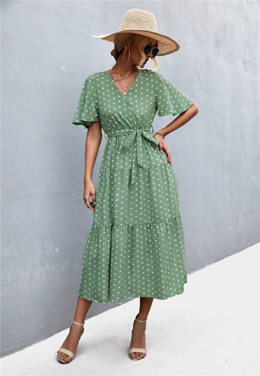 Buy Printed V-Neck Flutter Sleeve Belted Dress by YO
