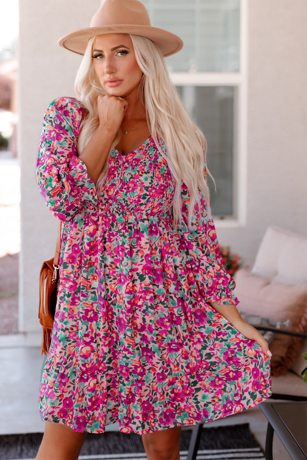 Buy Floral Smocked V-Neck Flounce Sleeve Dress by Faz