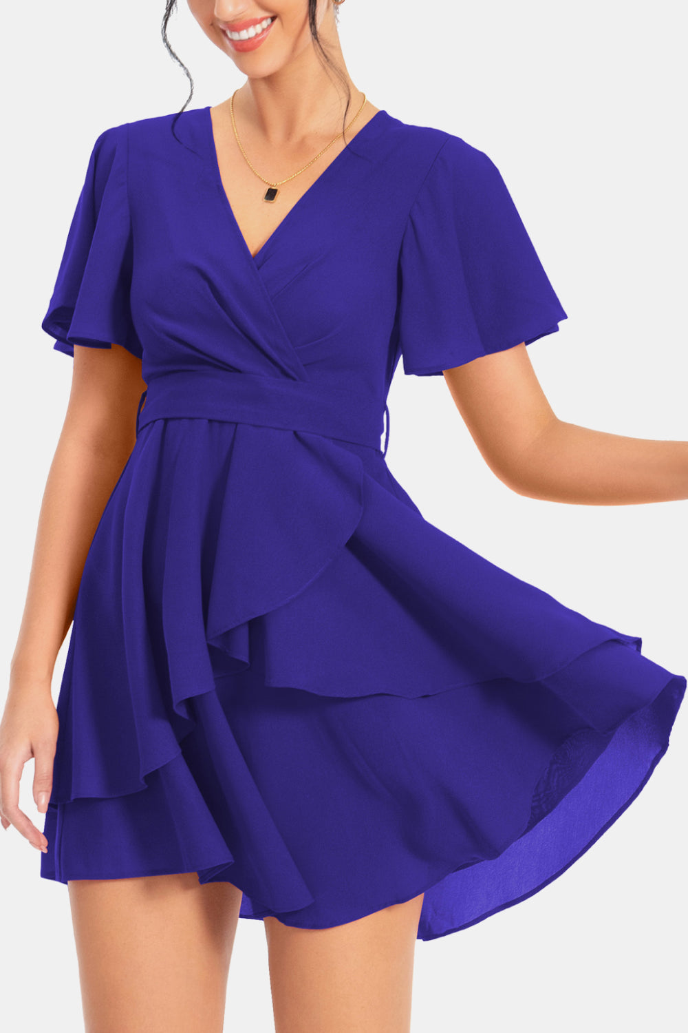 Buy Surplice Neck Flutter Sleeve Dress by A&D