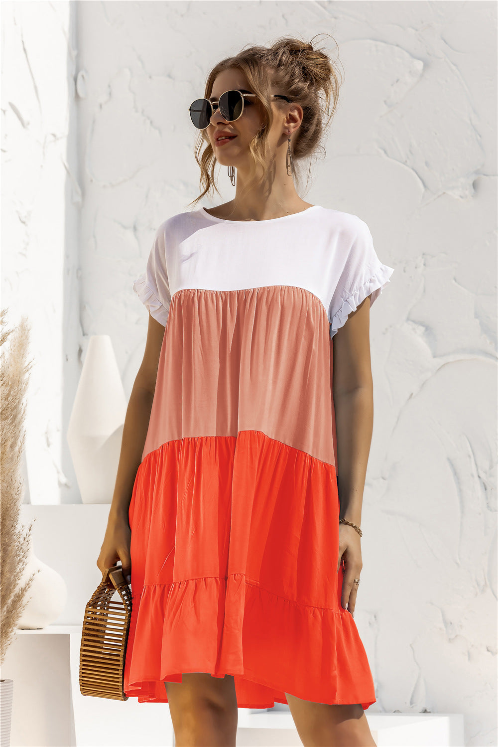 Buy Color Block Round Neck Ruffle Hem Dress by YO