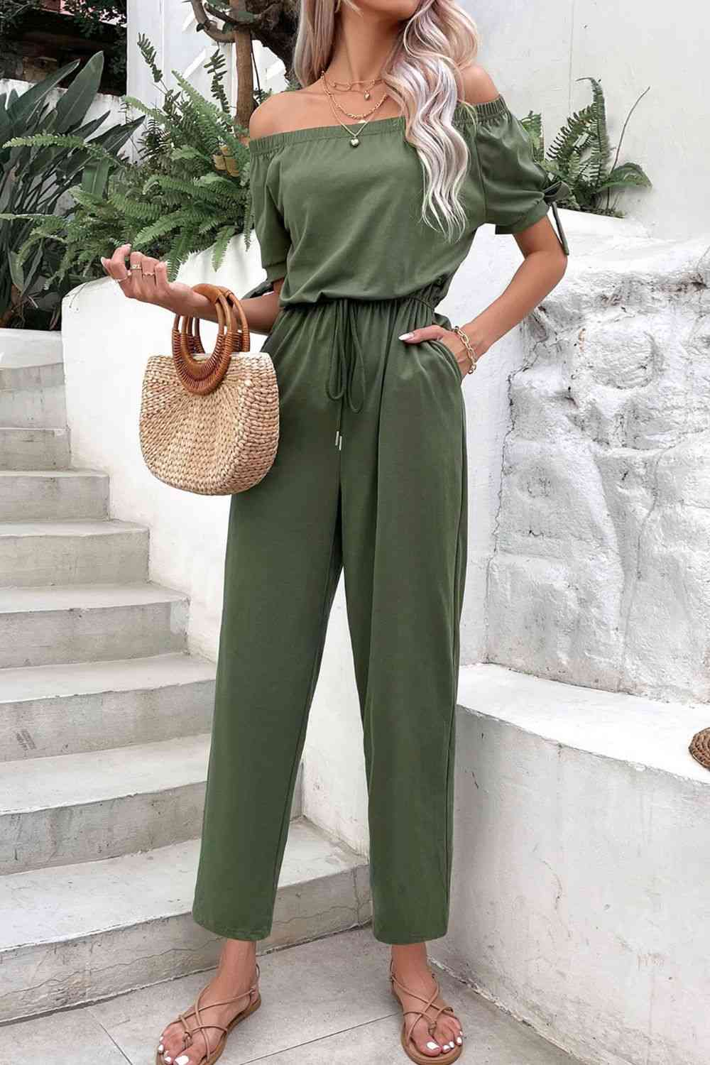 Buy Off-Shoulder Tie Cuff Jumpsuit with Pockets by Hundredth