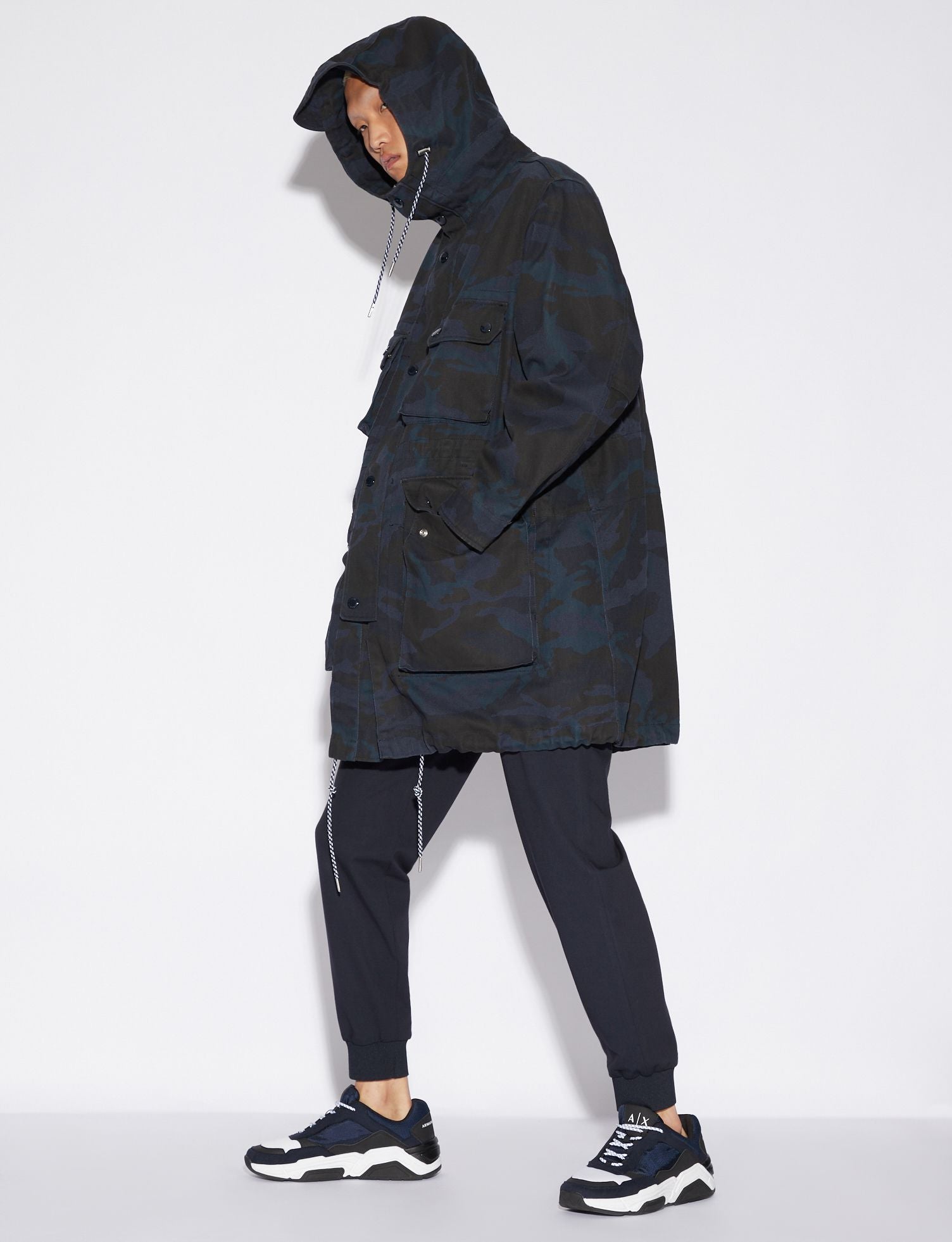 Camouflage Hooded Trench Coat in Dark Blue