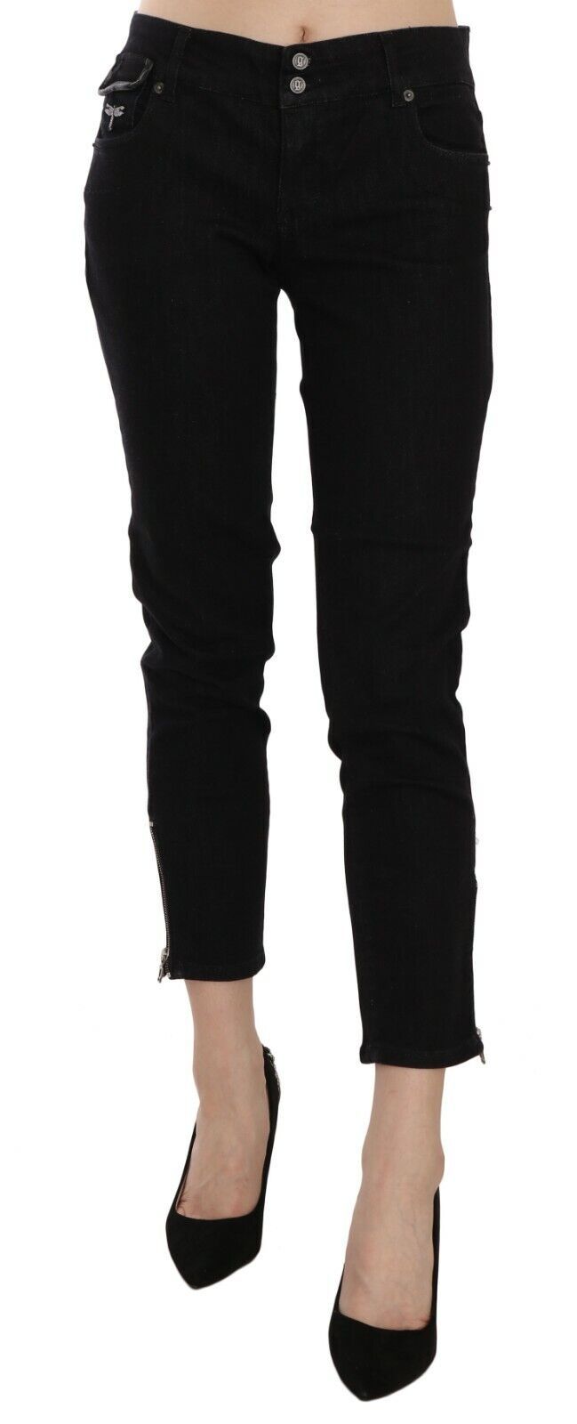 Chic Black Mid Waist Slim Cropped Jeans