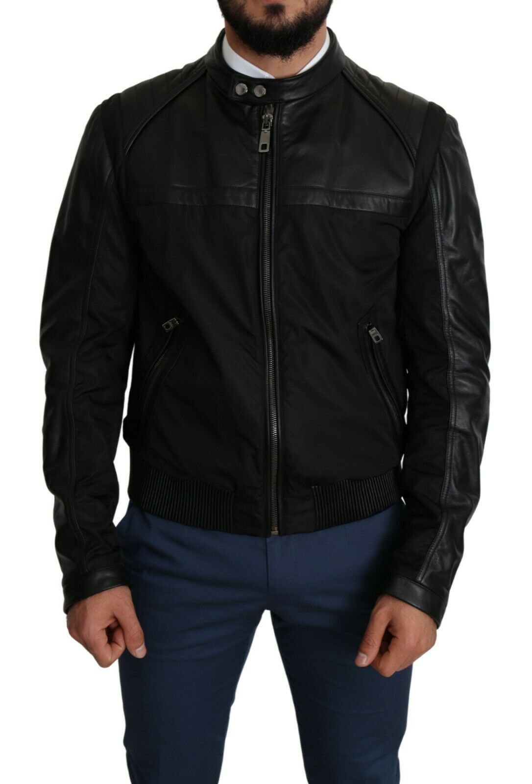 Elegant Black Bomber with Leather Accents