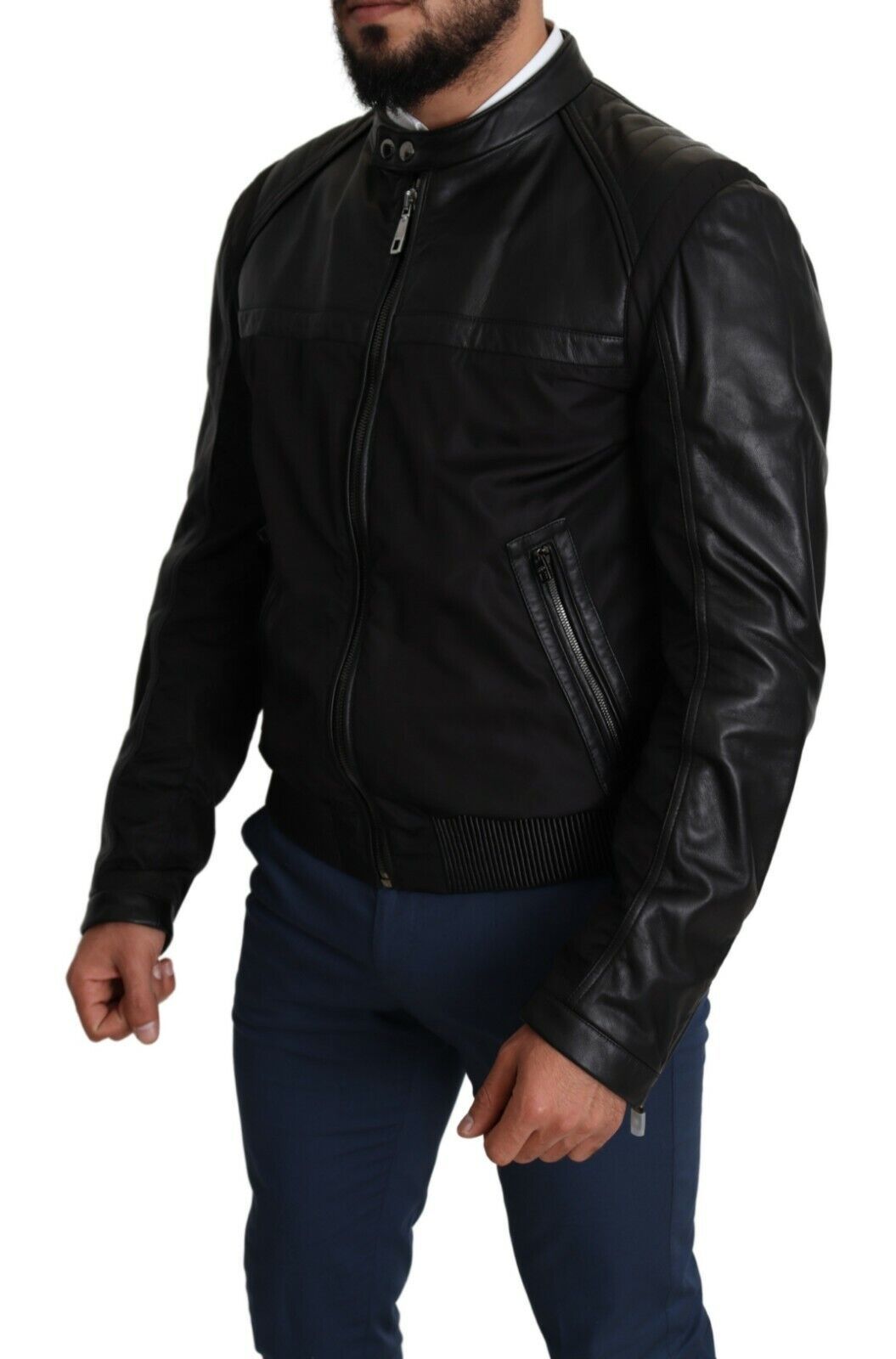 Elegant Black Bomber with Leather Accents