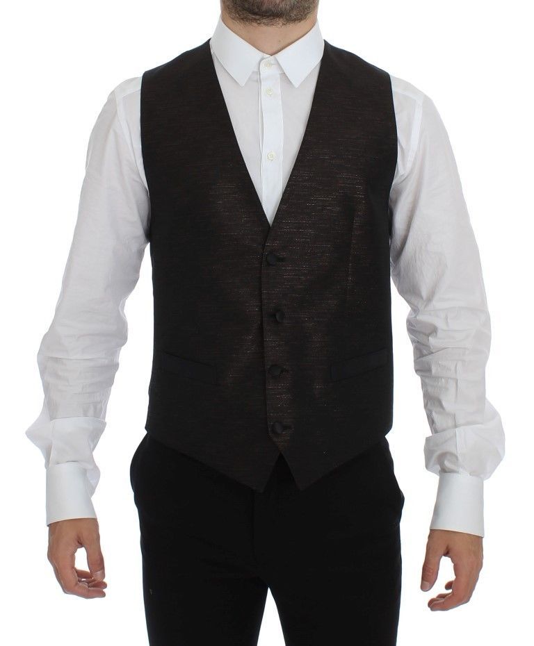 Elegant Brown Black Wool Blend Dress Vest