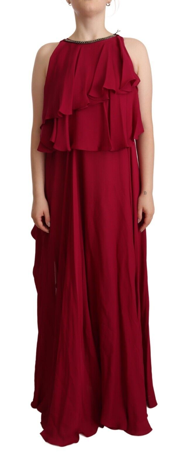 Elegant Silk Sleeveless Ruffled Maxi Dress