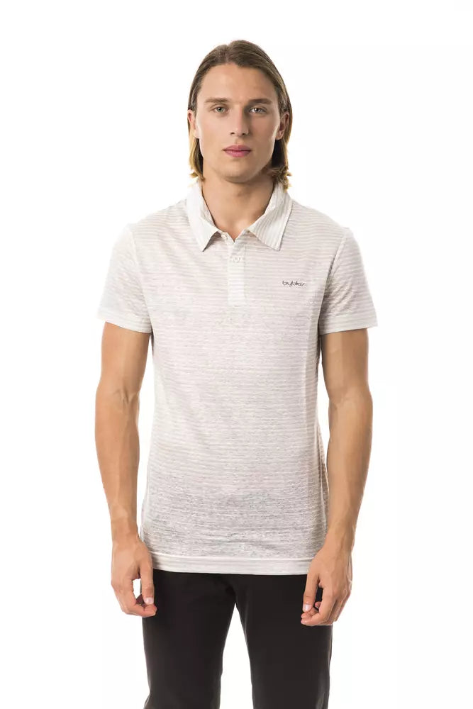 Elegant Beige Linen Polo with Chest Embroidery