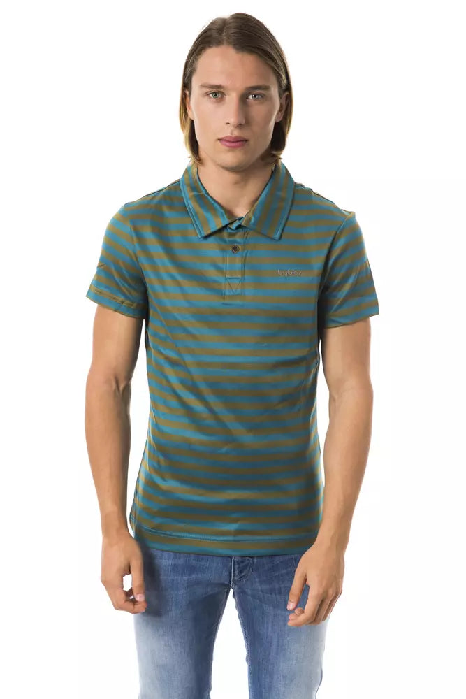 Green Striped Cotton Polo with Chest Embroidery