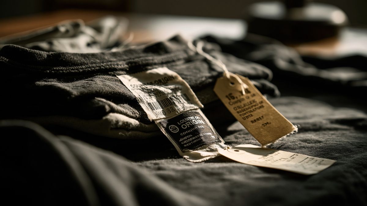 A close view of a garment's country-of-origin and composition labels, illustrating the difference between national branding and verifiable manufacture