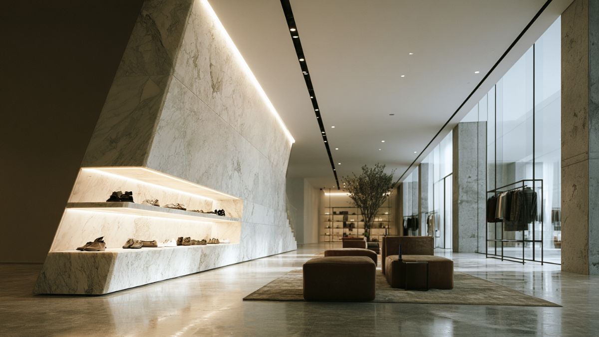 A minimal luxury retail interior, marble and stone, conveying the quiet end of the elevation era in conglomerate luxury
