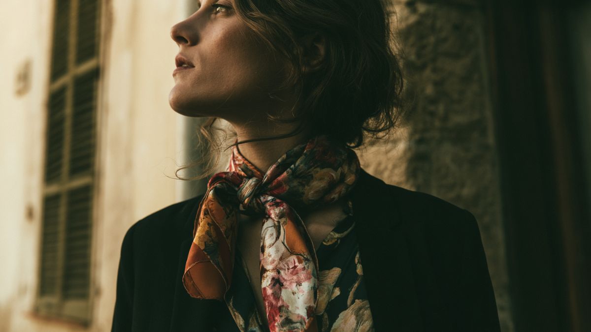 A printed silk scarf draped and knotted, the season's most versatile accessory