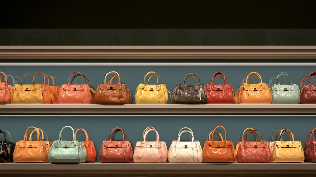A row of luxury handbags on a shelf, illustrating unsold stock and the economics of manufactured scarcity
