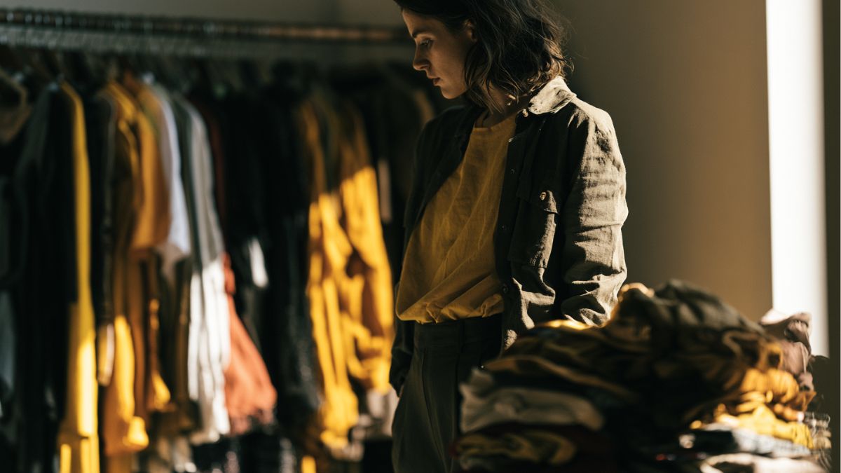 A working wardrobe of considered pieces being audited and reorganised on hangers and a folded stack, illustrating the seven-step phase-out framework