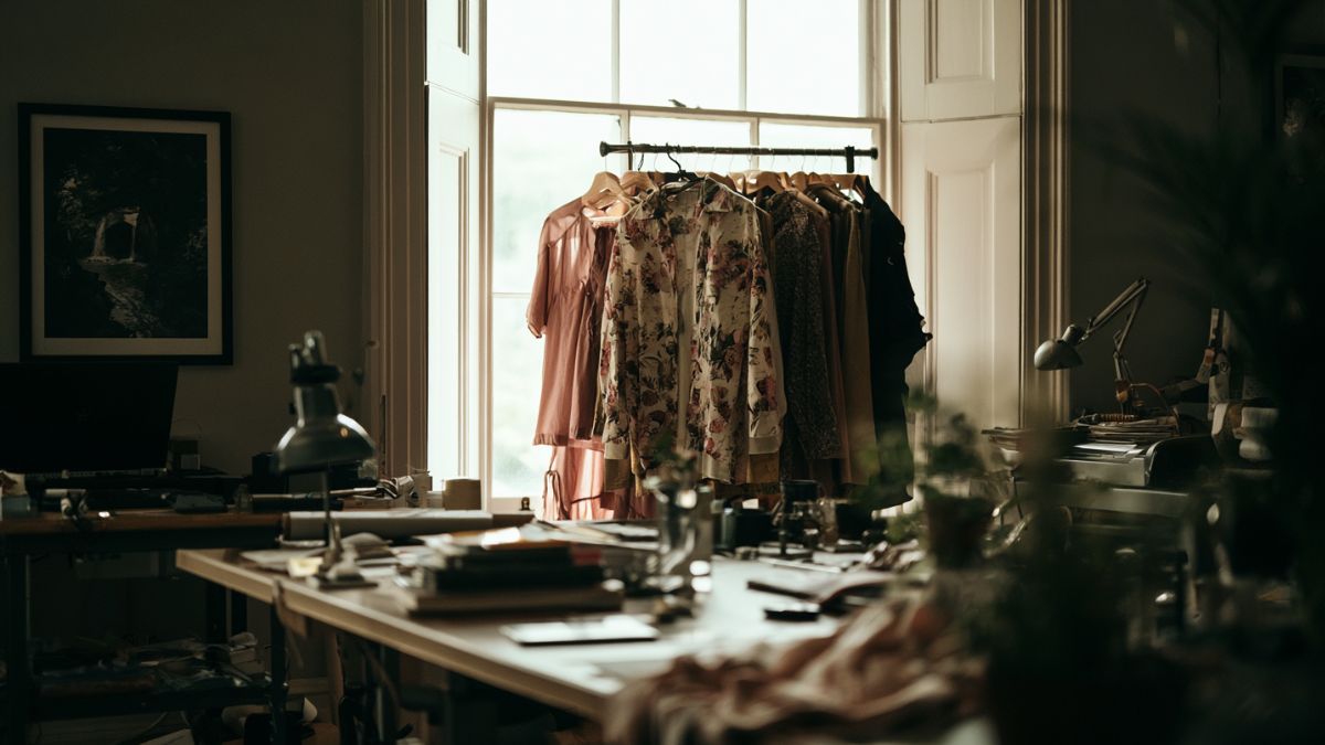 An independent designer's studio with garments on a rail, the working environment behind craft-led fashion
