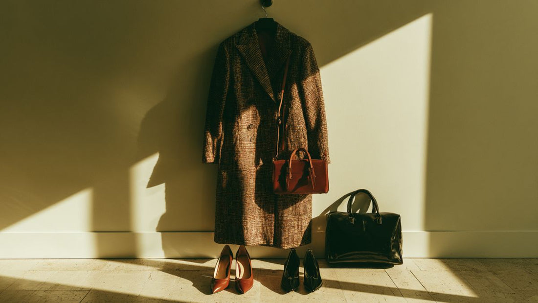 Coat bag and shoes arranged together illustrating the investment-grade wardrobe trinity that anchors a serious closet