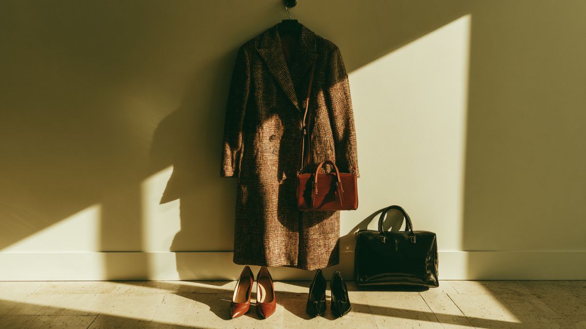 Coat bag and shoes arranged together illustrating the investment-grade wardrobe trinity that anchors a serious closet
