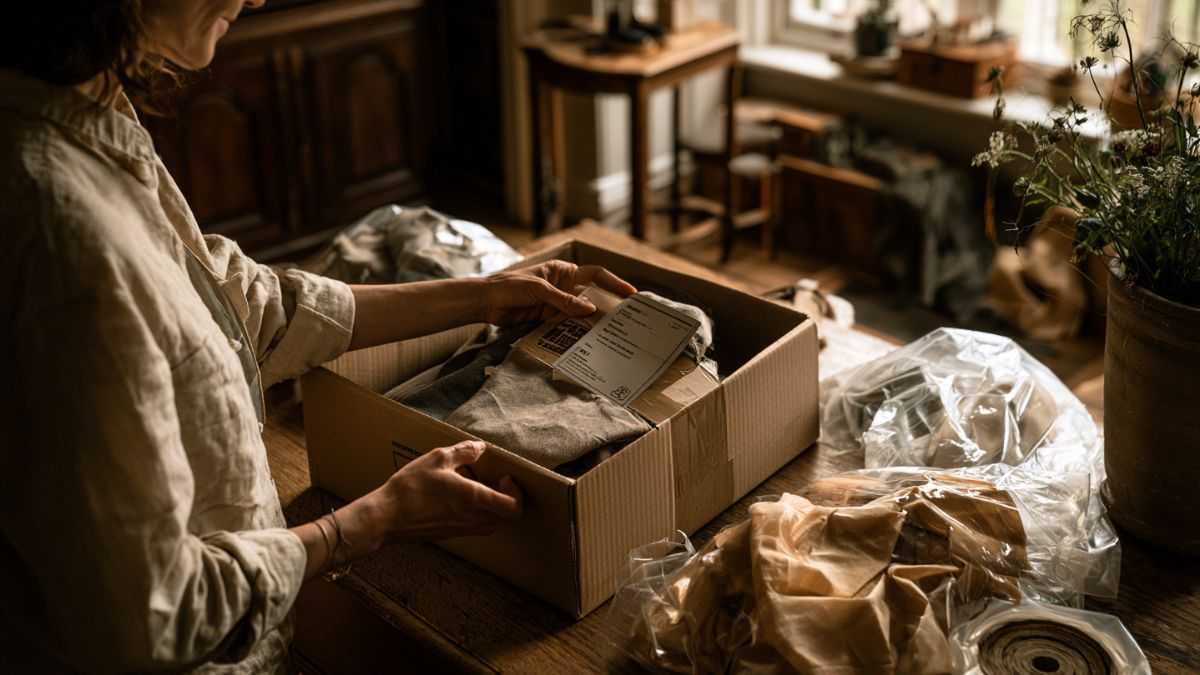 Hands packing a garment for shipping, the reality of buying direct from a small independent brand