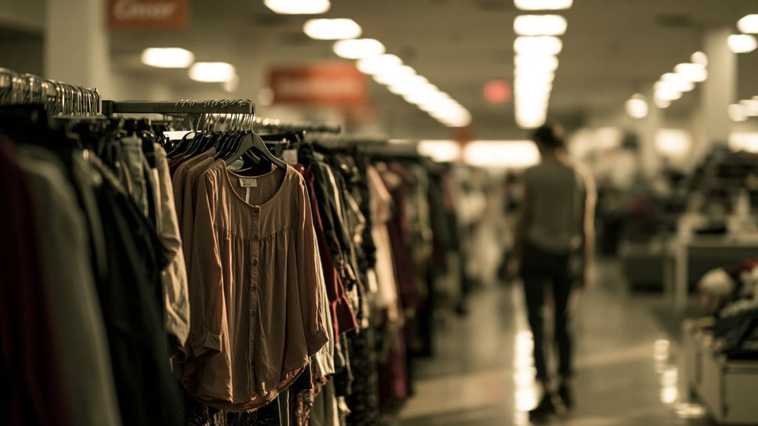 Racks of inexpensive women's clothing in a quiet strip-mall apparel store, evoking the contraction of undifferentiated mass-market retail