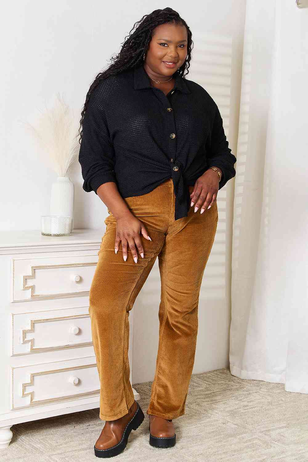 Buy Waffle-Knit Collared Neck Dropped Shoulder Shirt by Double Take